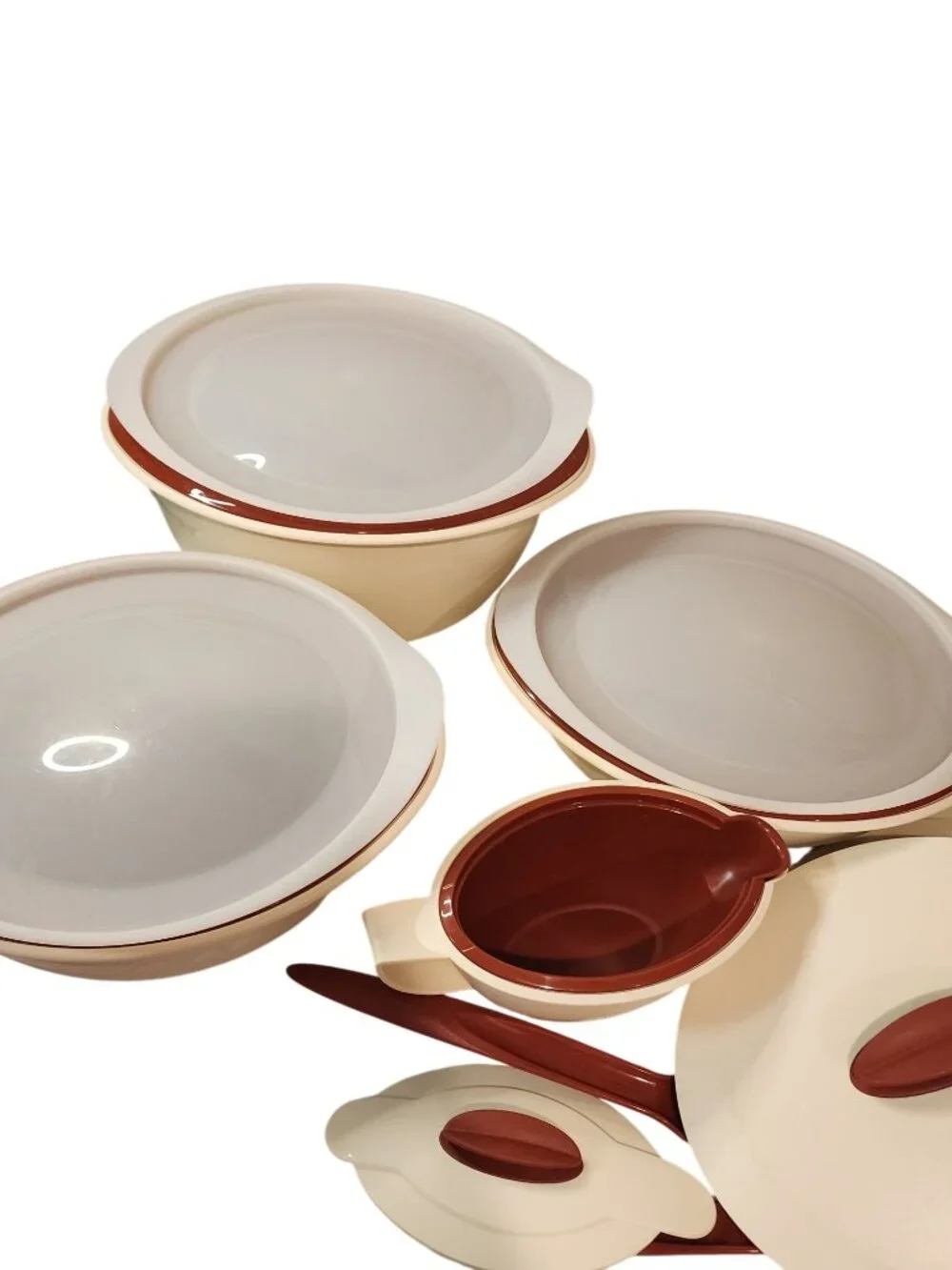 Vintage Tupperware Insulated Oval Serving Bowl Set Cream & Cinnamon 1,2,3L gravy